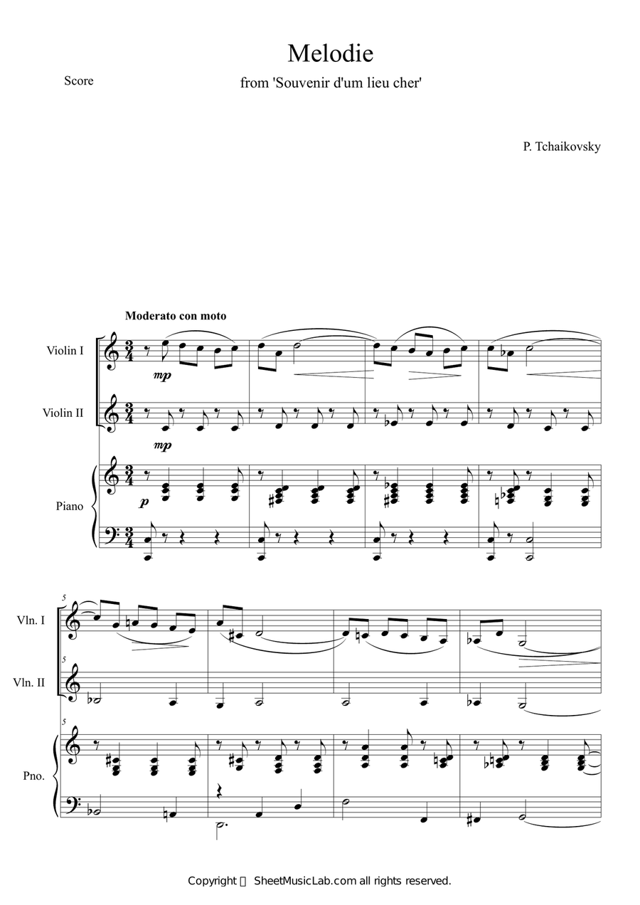 Tchaikovsky: Souvenir d'un lieu cher, Op.42 Melodie (in C) Piano Trio - Digital Sheet Music