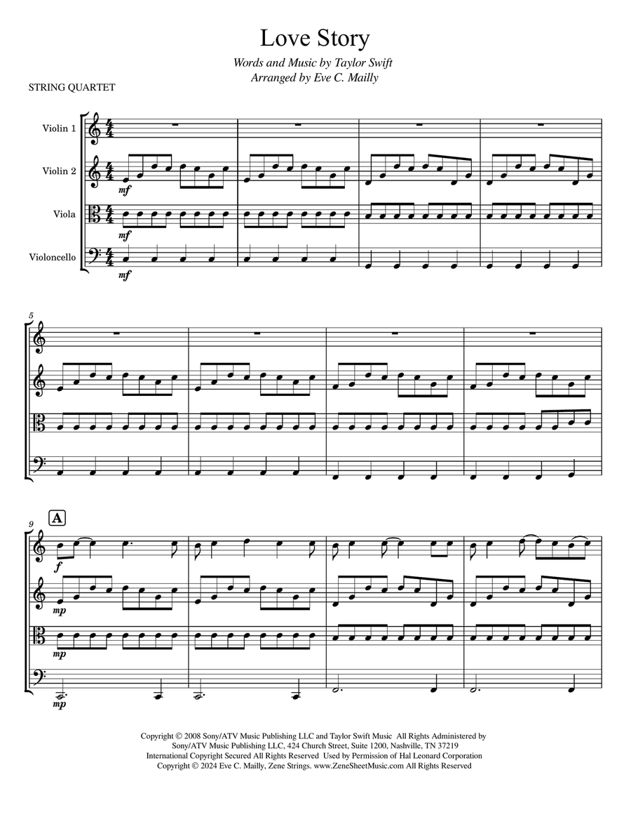 Love Story String Quartet scores gallery preview page 1