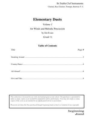 Book cover for Elementary Duets, Volume 1, for Clarinet, Bass Clarinet, Trumpet, and Baritone T. C.