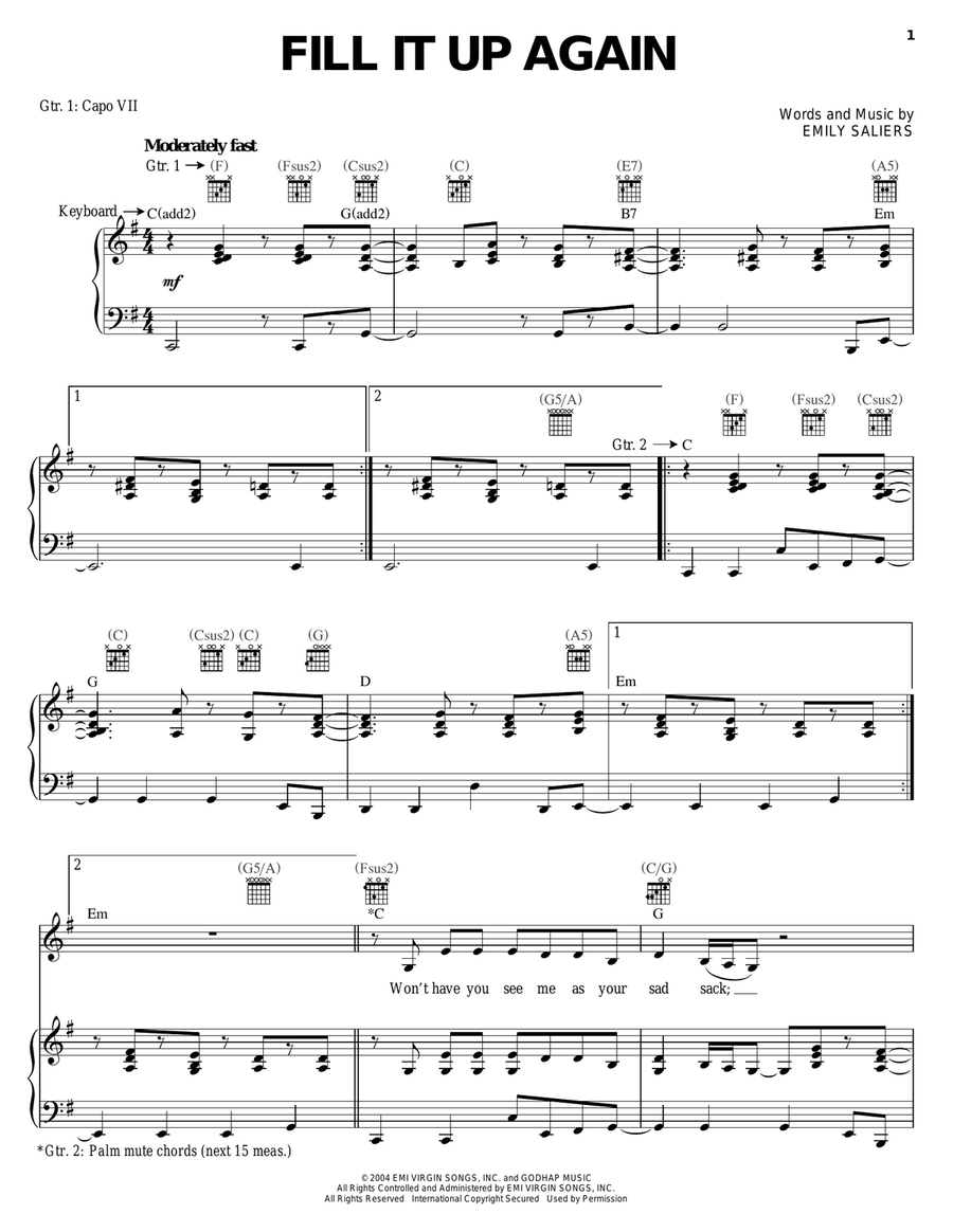Fill It Up Again Piano, Vocal, Guitar scores gallery preview page 1
