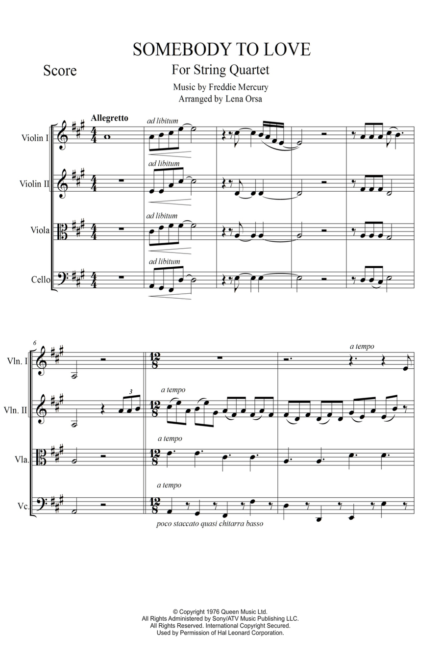 Somebody To Love String Quartet scores gallery preview page 1