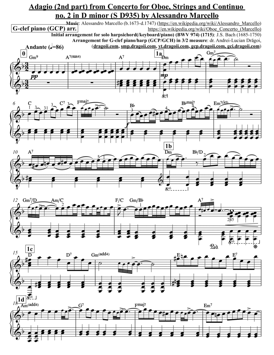 Marcello (Alessandro) - Adagio (2nd part) from Concerto for Oboe, Strings and Continuo no. 2 in D mi Piano Solo scores gallery preview page 1