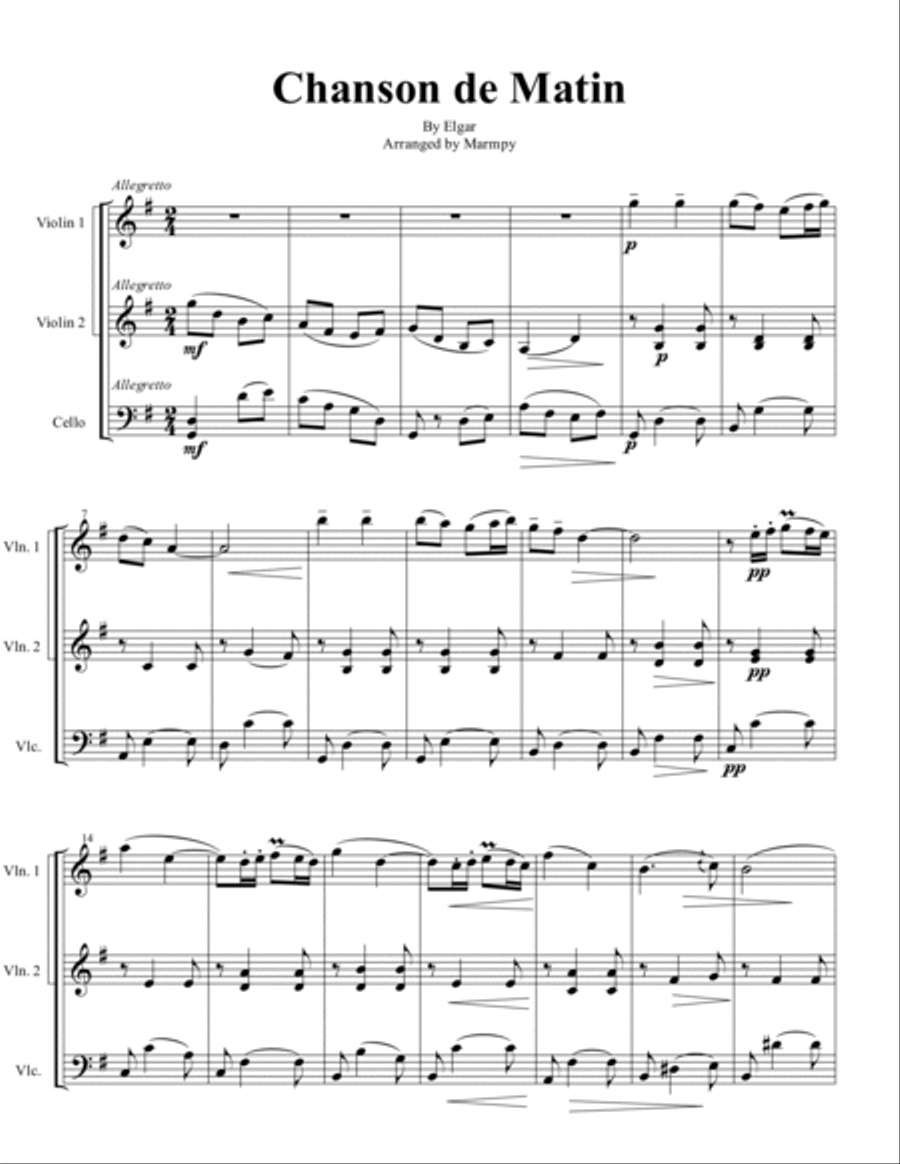 Chanson de Matin by Elgar (arranged for String Trio) String Trio scores gallery preview page 5