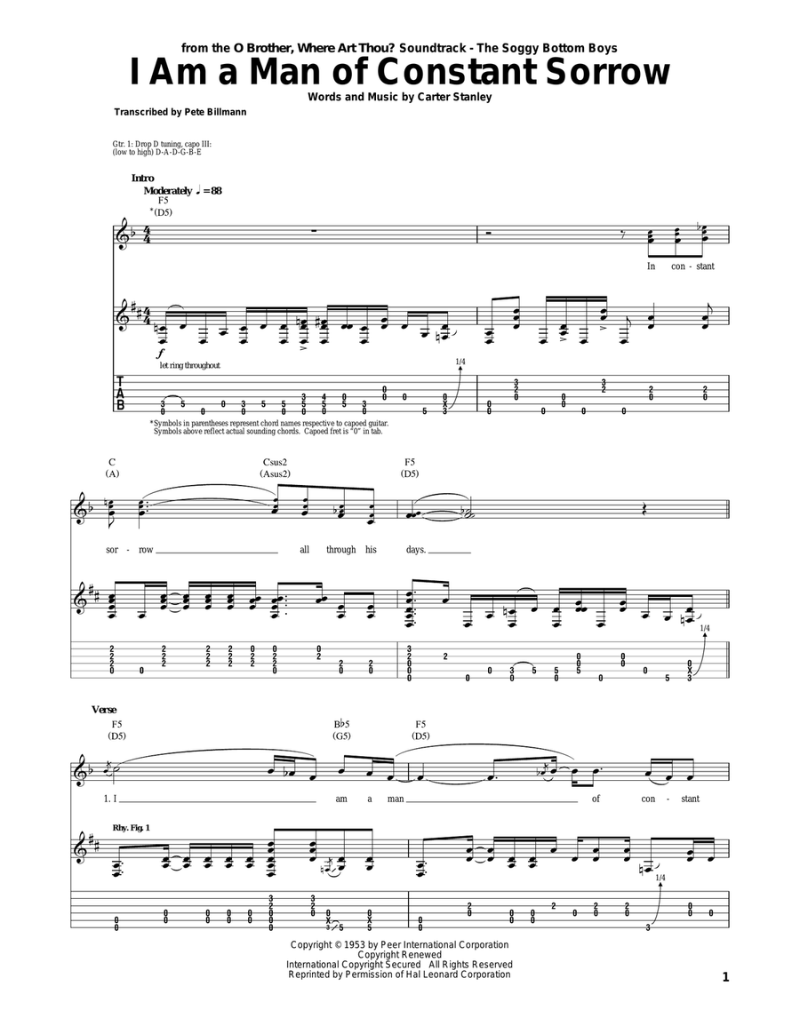 I Am A Man Of Constant Sorrow Acoustic Guitar scores gallery preview page 1