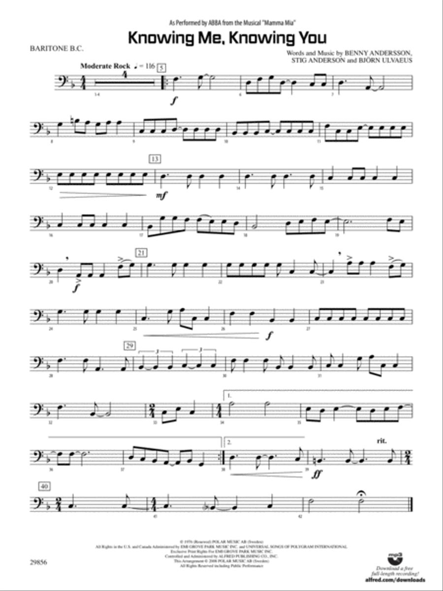 Knowing Me, Knowing You (As performed by ABBA from the musical Mamma Mia): Baritone B.C. Concert Band scores gallery preview page 1