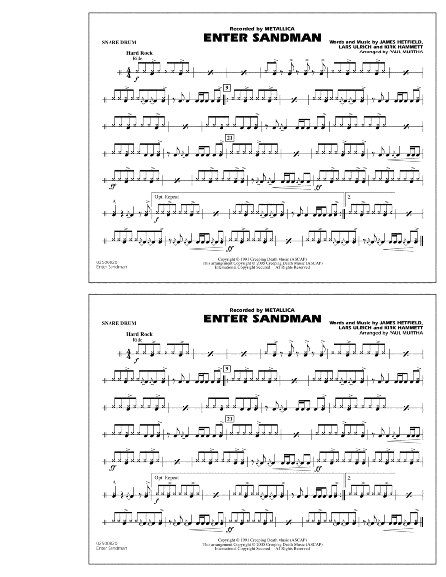 Enter Sandman - Snare Drum Marching Band scores gallery preview page 1