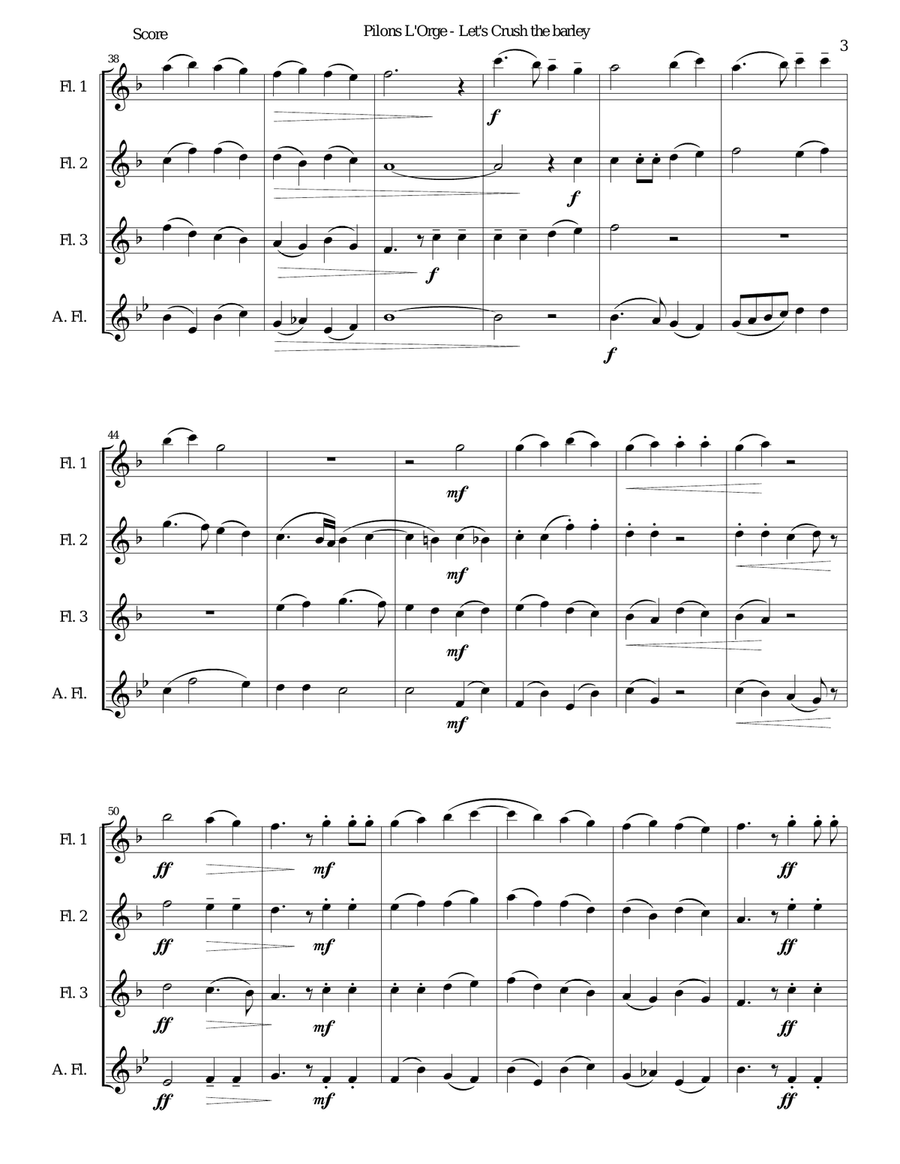 Pilons l'orge (Let's crush the barley) arranged for flute quartet (3 flutes and 1 alto flute) Flute Quartet scores gallery preview page 3