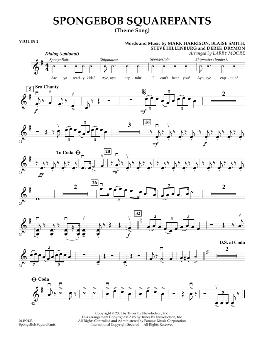 SpongeBob SquarePants (Theme Song) - Violin 2 String Quartet scores gallery preview page 1