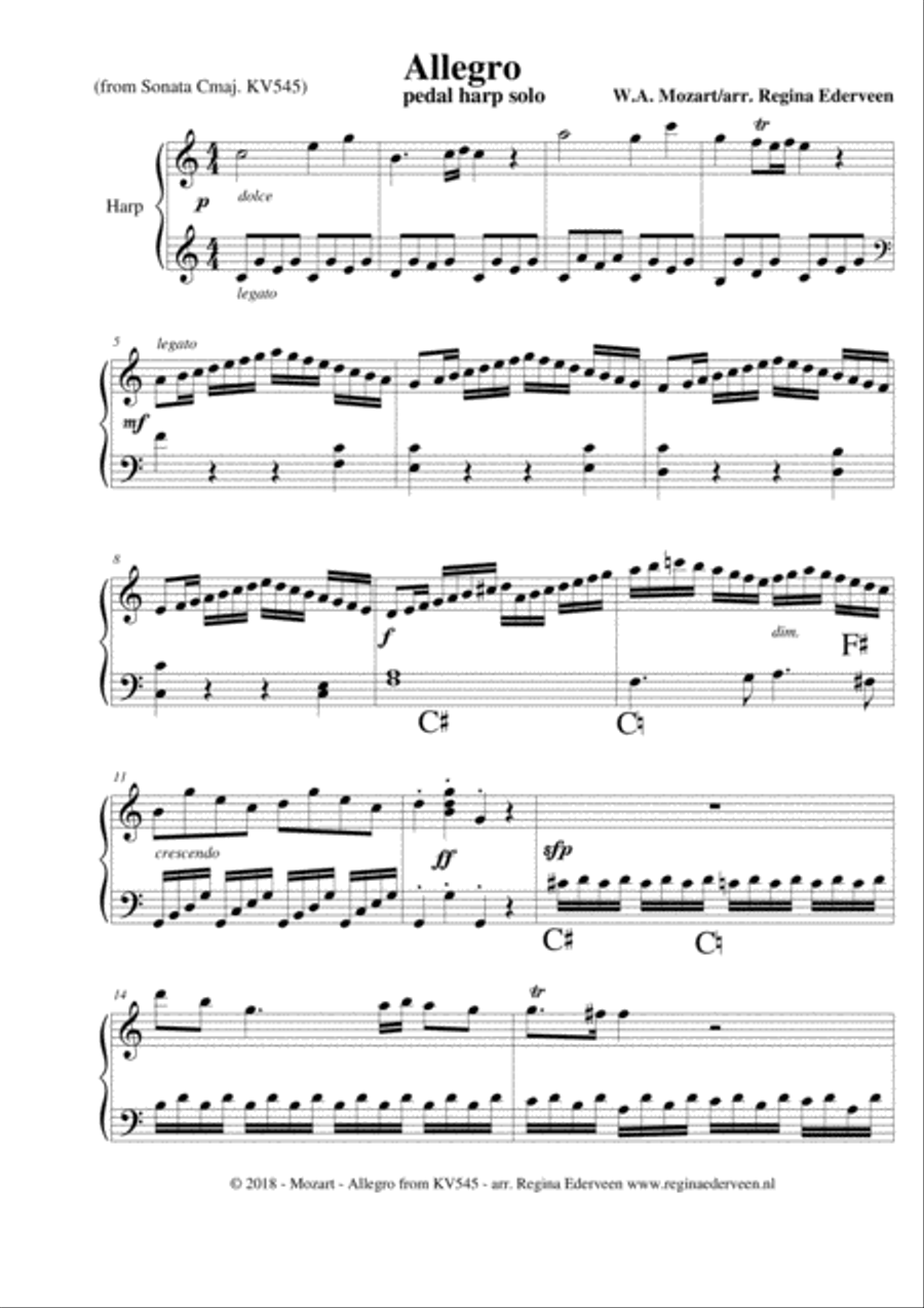 Allegro (Mozart) - pedal harp solo Pedal Harp scores gallery preview page 1