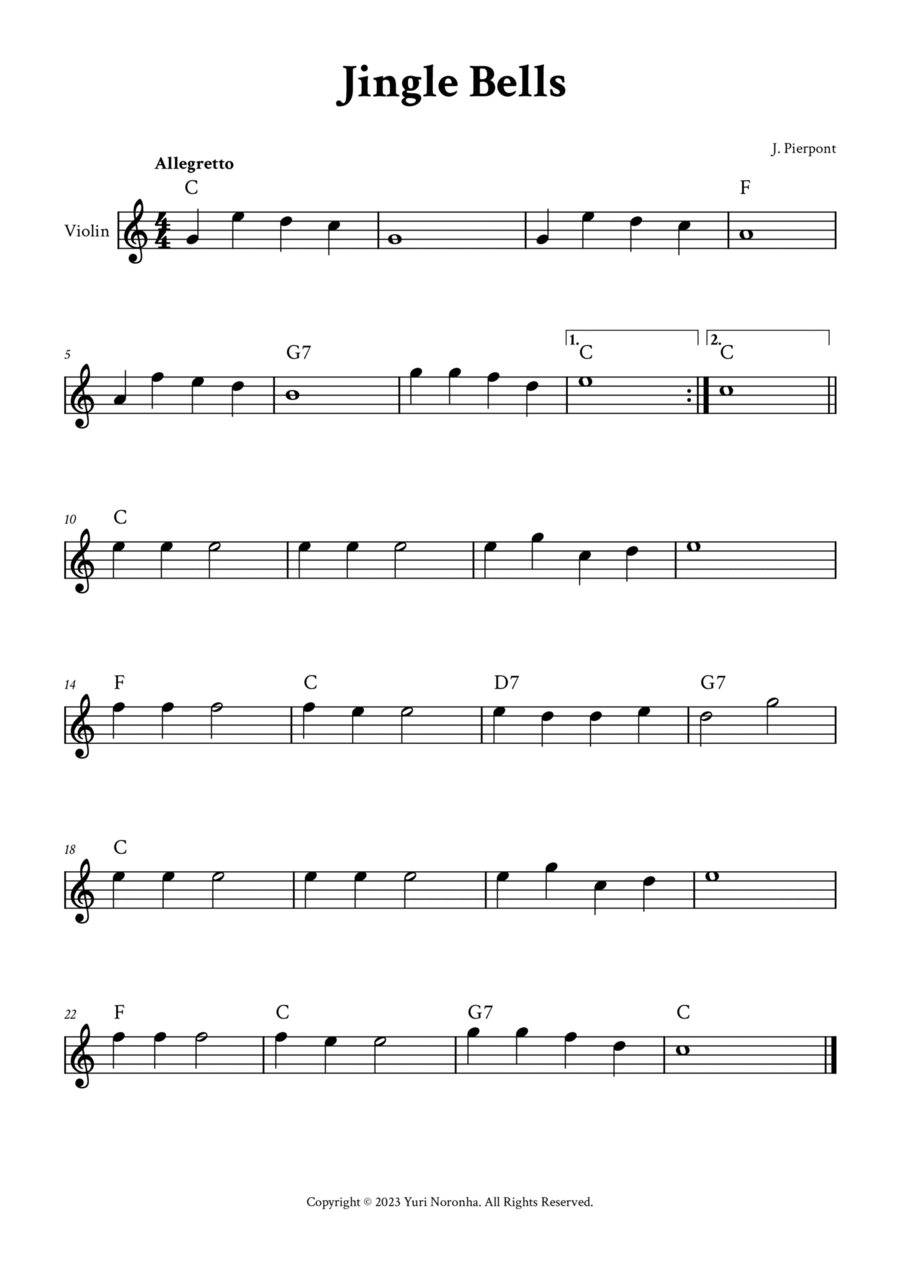 Jingle Bells - Violin (C Major with Chords) Violin Solo scores gallery preview page 1