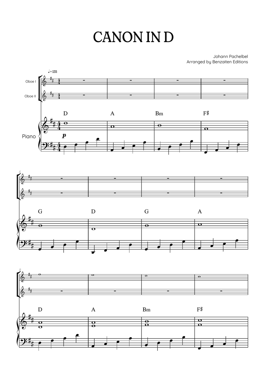 Pachelbel Canon in D • oboe duet sheet music w/ piano accompaniment [chords]