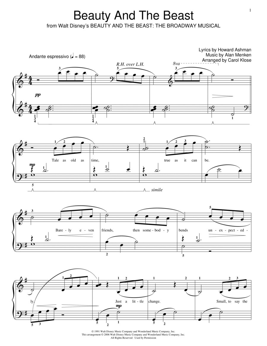 Beauty And The Beast (from Beauty and the Beast: The Broadway Musical) (arr. Carol Klose) Piano Method scores gallery preview page 1