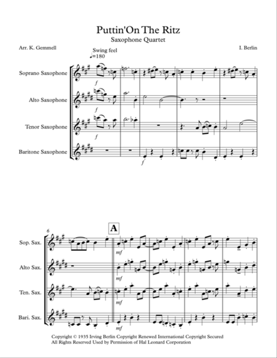 Puttin' On The Ritz Puttin' On The Ritz Woodwind Quartet scores gallery preview page 1