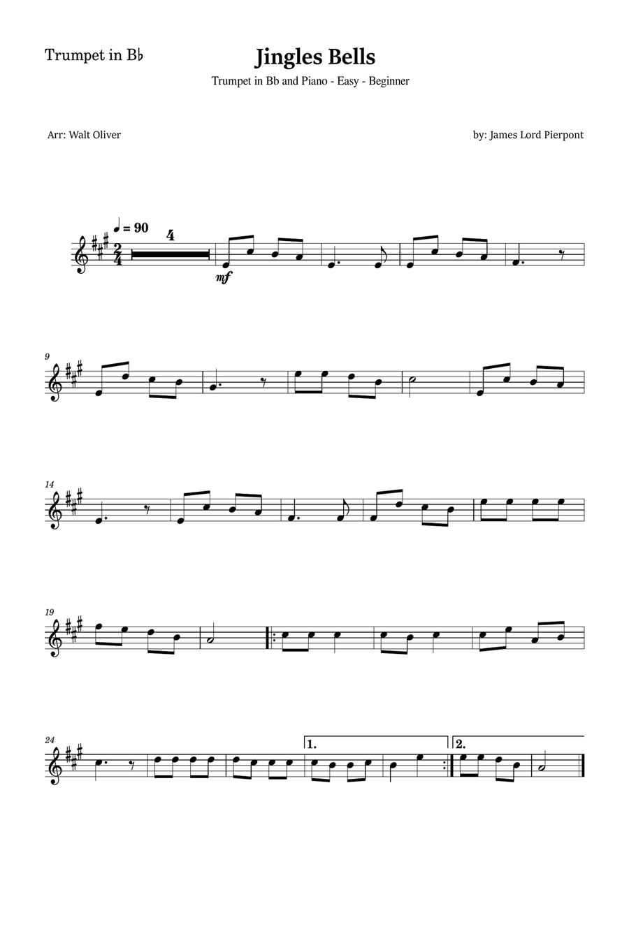 Jingle Bells for Trumpet and Piano (Easy - Beginner) B-Flat Trumpet scores gallery preview page 3