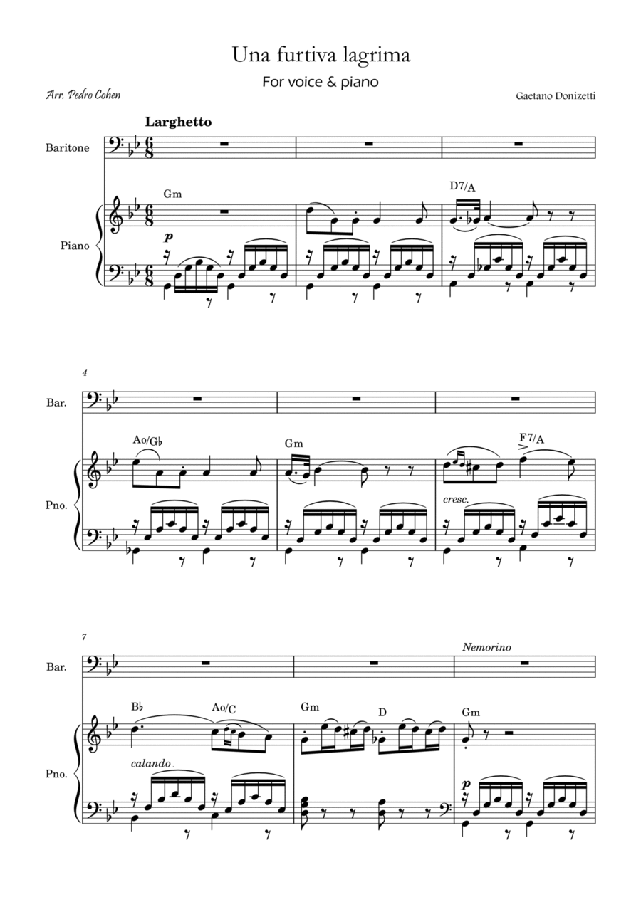 Una Furtiva Lagrima (Baritone in Gm) Una Furtiva Lagrima (Baritone in Gm) Piano, Vocal, Guitar scores gallery preview page 1