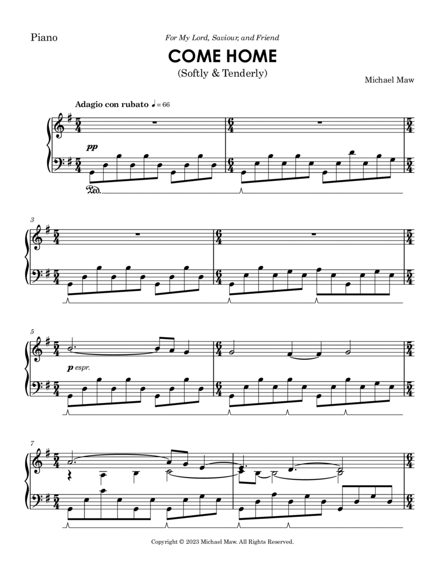 Come Home (Softly & Tenderly) Piano Solo scores gallery preview page 1