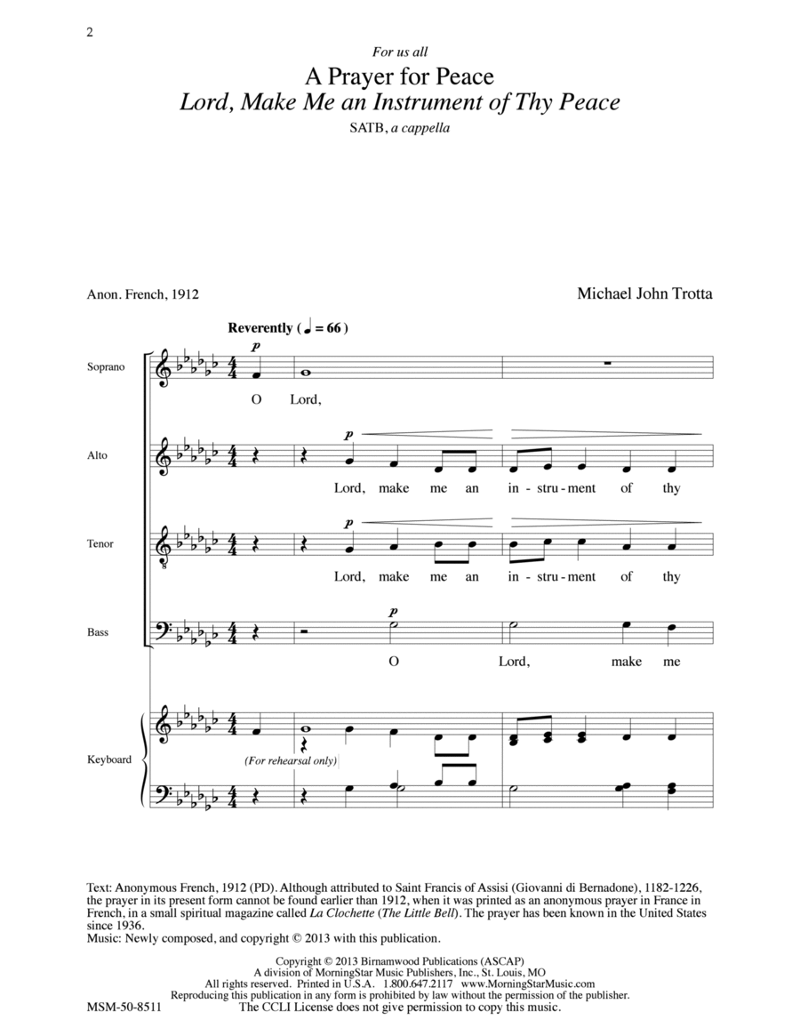 A Prayer for Peace Lord, Make Me an Instrument of Thy Peace 4-Part scores gallery preview page 1