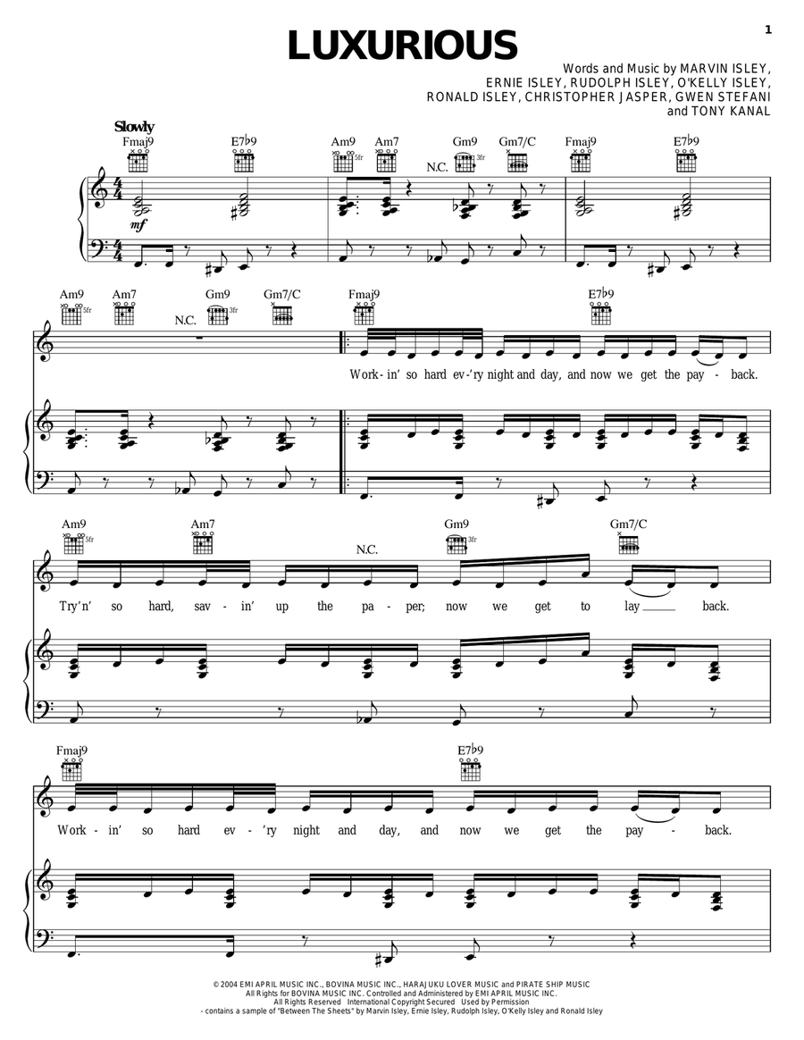 Luxurious Piano, Vocal, Guitar scores gallery preview page 1