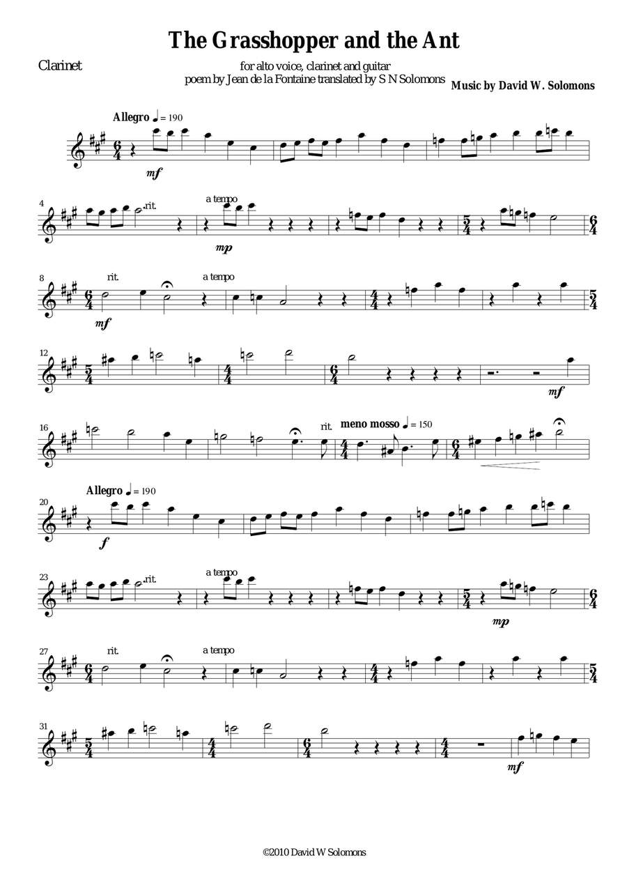 The grasshopper and the ant for alto voice, clarinet and guitar Small Ensemble scores gallery preview page 5