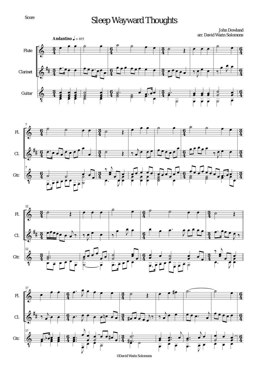 Sleep wayward thoughts for flute, clarinet and guitar Clarinet scores gallery preview page 1