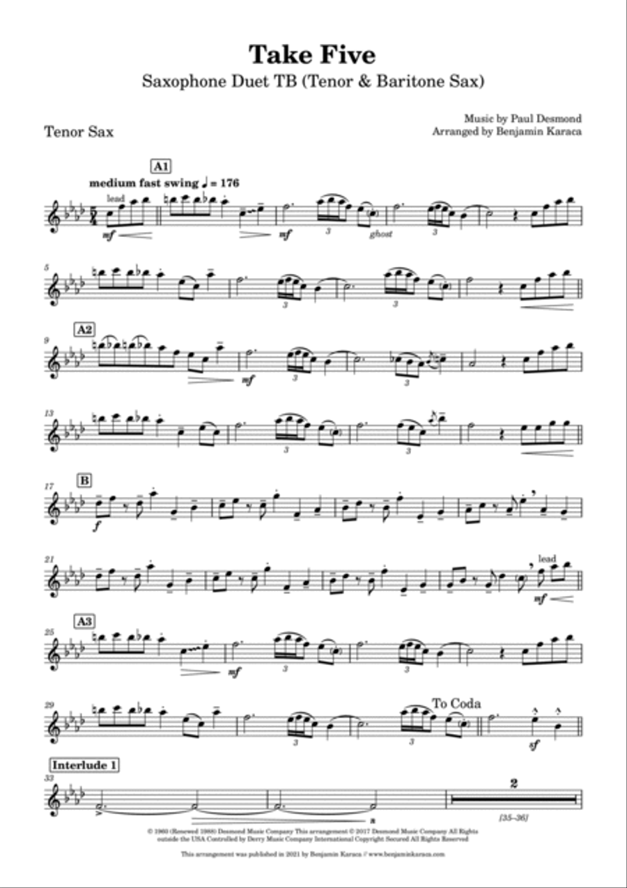 Take Five Tenor Saxophone scores gallery preview page 3