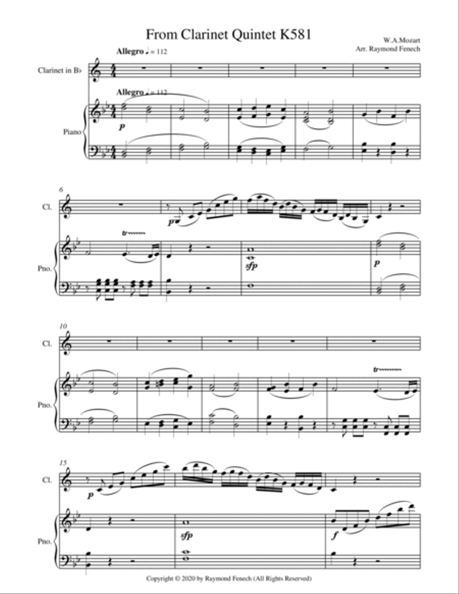 From Clarinet Quintet KV 581 - W.A.Mozart - For Bb Clarinet and Piano B-Flat Clarinet scores gallery preview page 2
