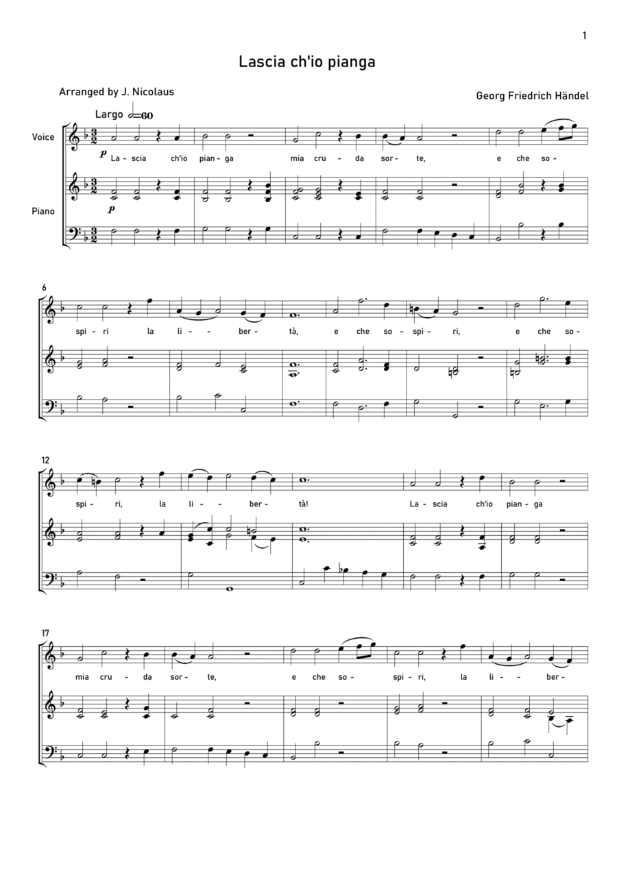 Lascia ch'io pianga Voice scores gallery preview page 1