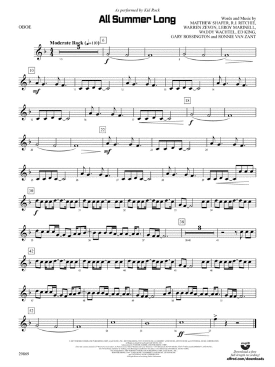All Summer Long: Oboe Concert Band scores gallery preview page 1
