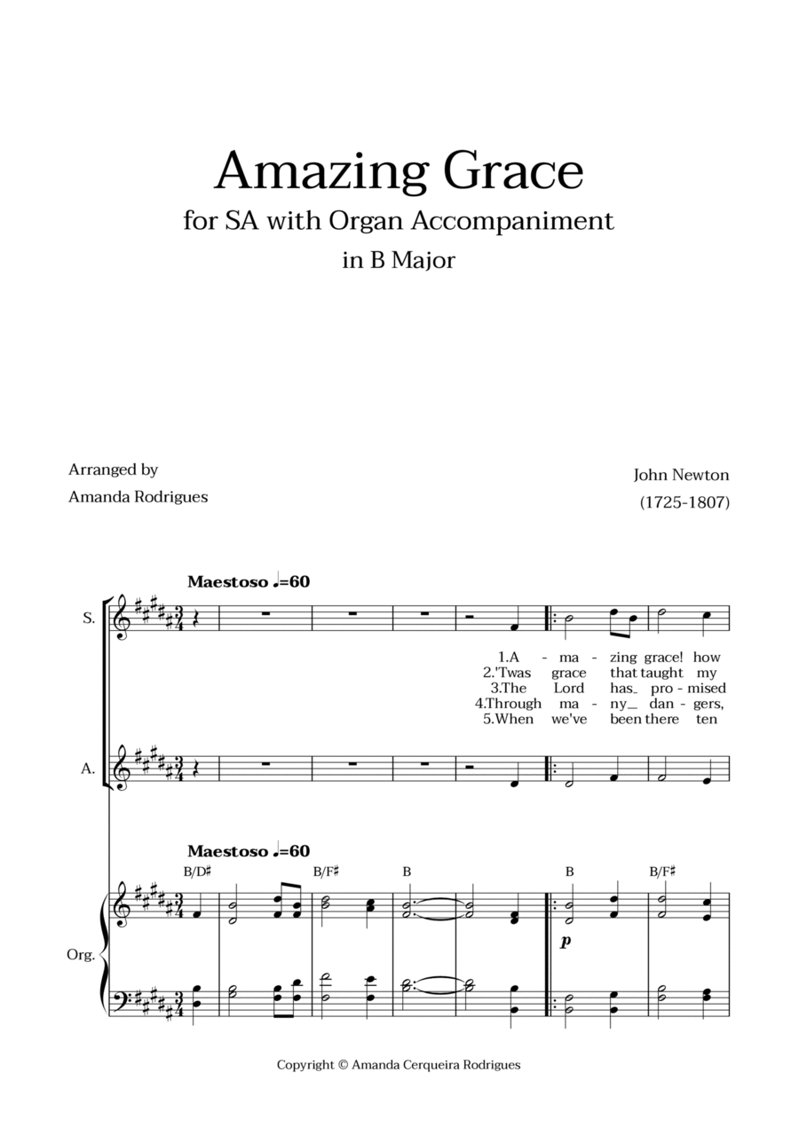 Amazing Grace in B Major - SA with Organ Accompaniment and Chords SA scores gallery preview page 1