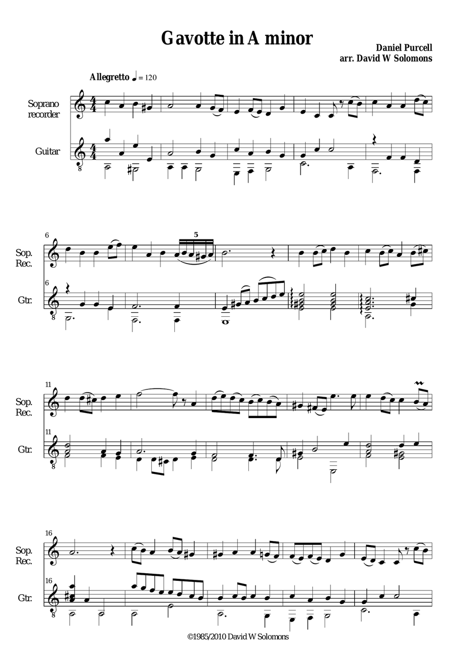 Gavotte in A minor for soprano recorder and guitar Soprano Recorder scores gallery preview page 1