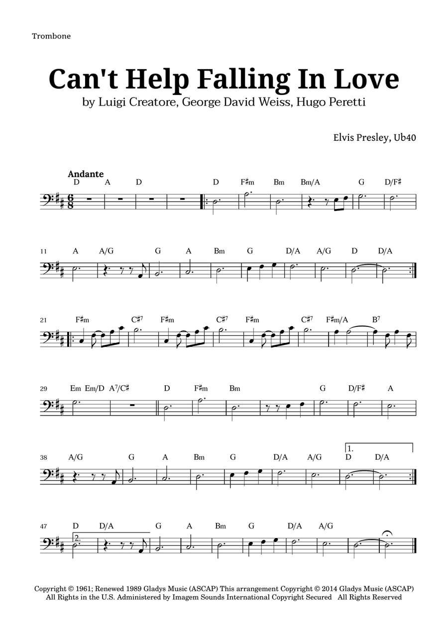 Can't Help Falling In Love Trombone Solo scores gallery preview page 1