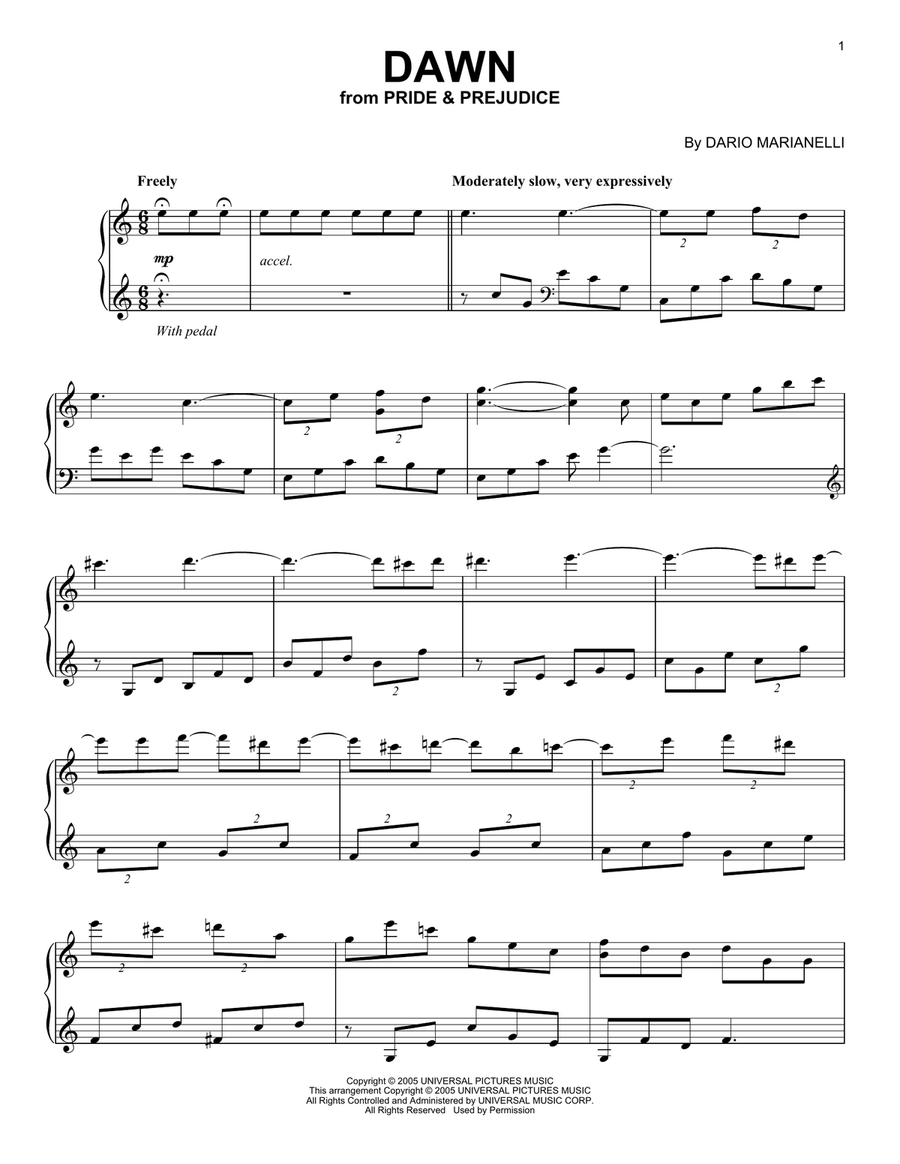 Dawn (from Pride And Prejudice) Piano Solo scores gallery preview page 1