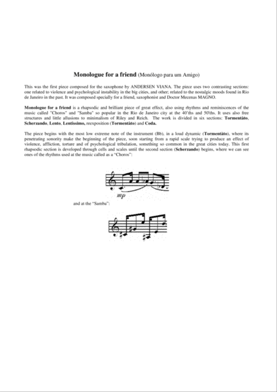 Andersen Viana: Monologue for a friend (Monólogo para um Amigo) for solo alto saxophone Alto Saxophone scores gallery preview page 2