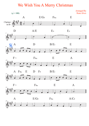 We Wish You A Merry Christmas, score and clarinet melody in Bb for the beginning musician (easy).