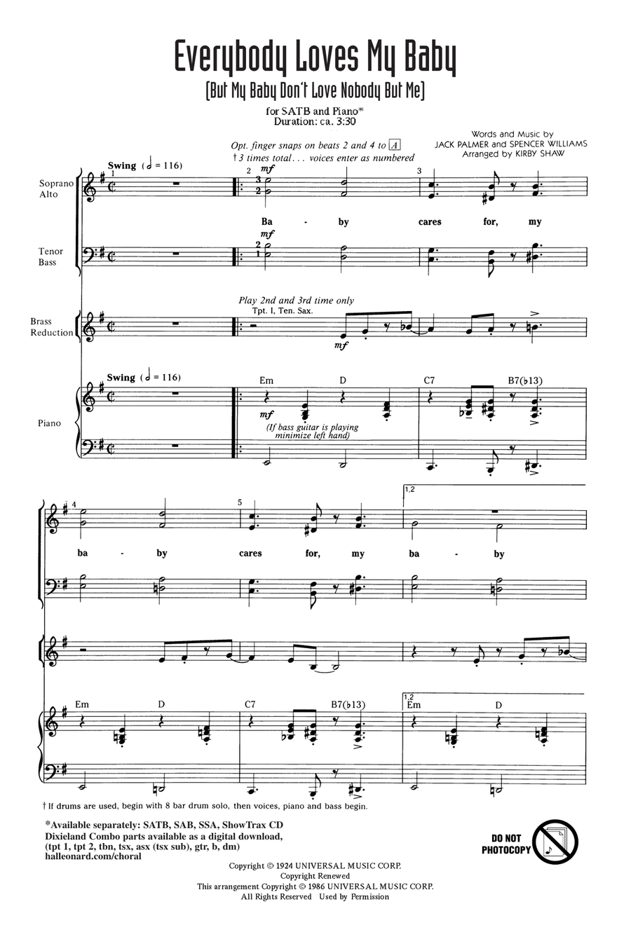 Everybody Loves My Baby (But My Baby Don't Love Nobody But Me) 4-Part scores gallery preview page 1