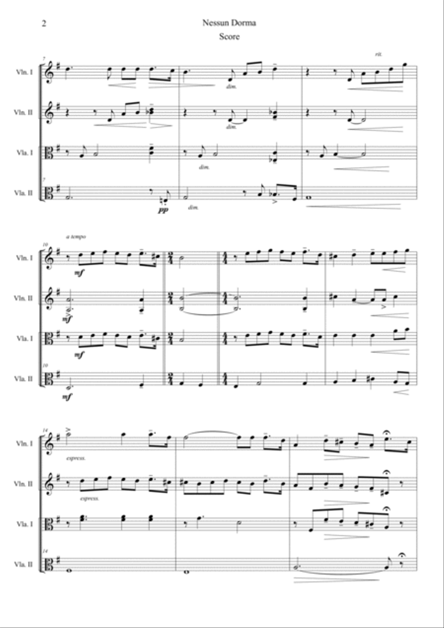 Nessun Dorma (Opera Turandot aria) String Quartet scores gallery preview page 2