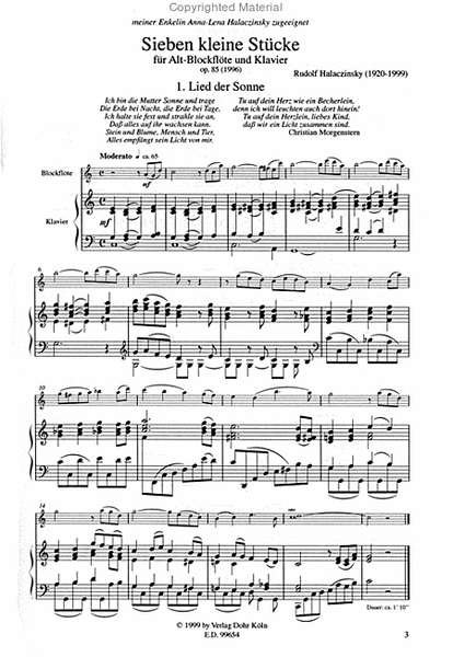 Sieben kleine Stücke für Alt-Blockflöte und Klavier op. 85 (1996)