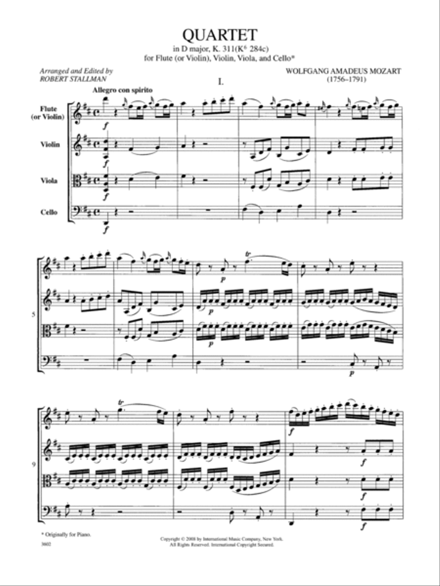 Quartet In D Major, K. 311 (K6 284C) For Flute (Or Violin I), Violin (Ii), Viola And Cello