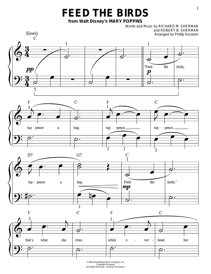 Feed The Birds (Tuppence A Bag) (from Mary Poppins) (arr. Phillip Keveren) Easy Piano scores gallery preview page 1