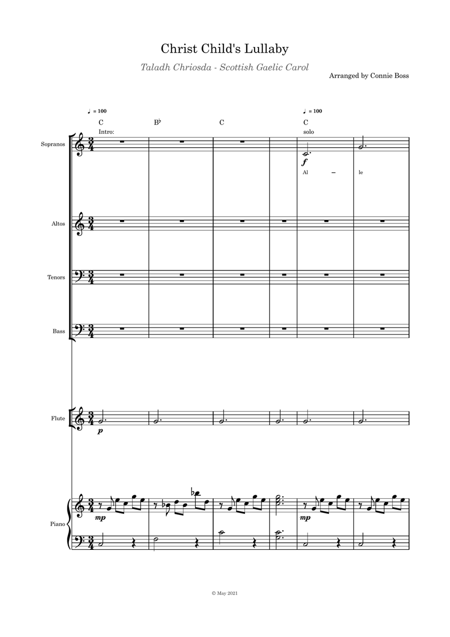 Christ Child's Lullaby (Taladh Chriosda) - SATB, flute, violin or cello and piano with parts pages i 4-Part scores gallery preview page 1