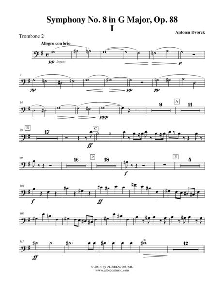 Dvorak Symphony No. 8, Movement I - Trombone in Bass Clef 2 (Transposed Part), Op. 88
