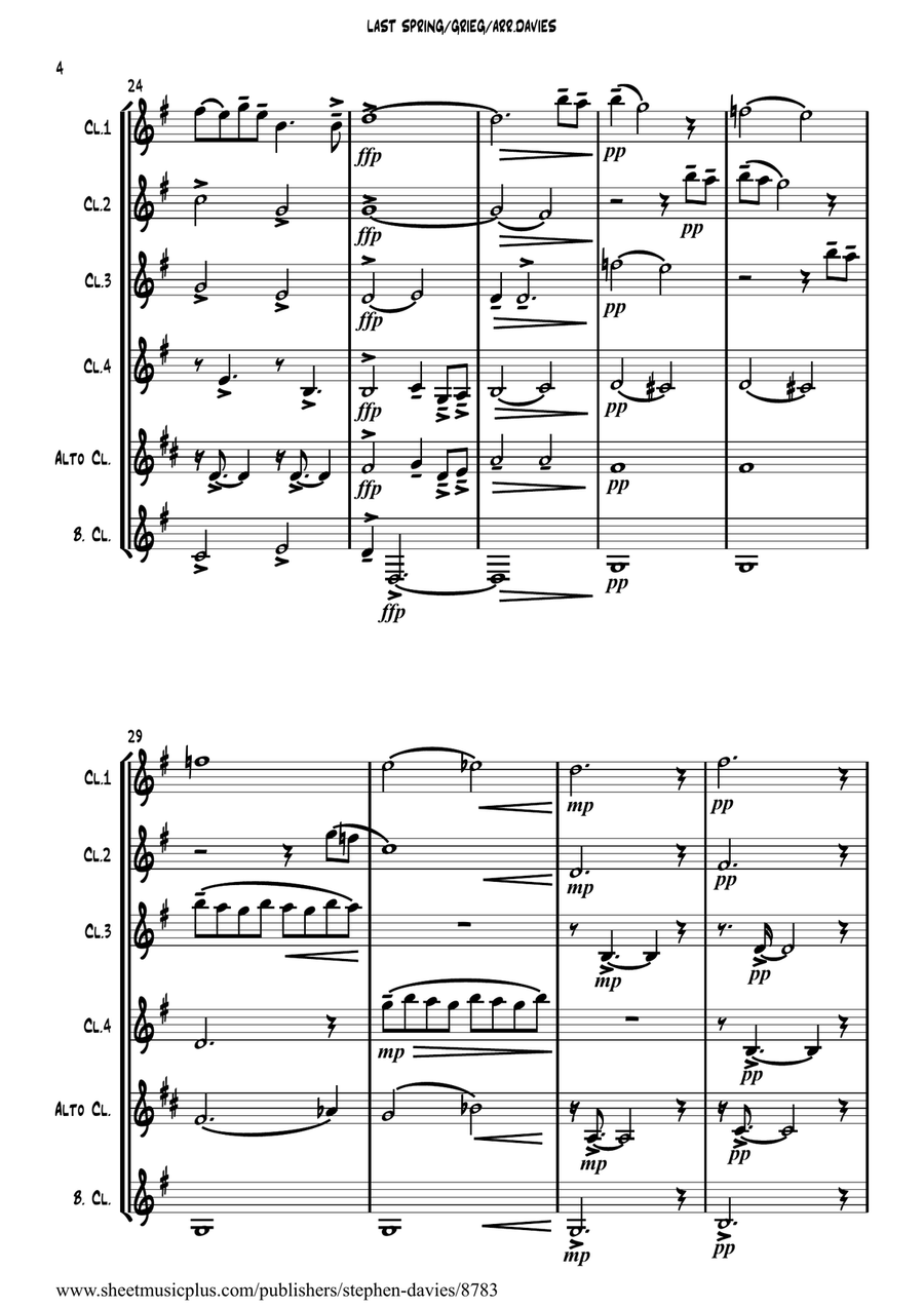 'Last Spring' by Edvard Grieg for Clarinet Sextet. Woodwind Ensemble scores gallery preview page 4
