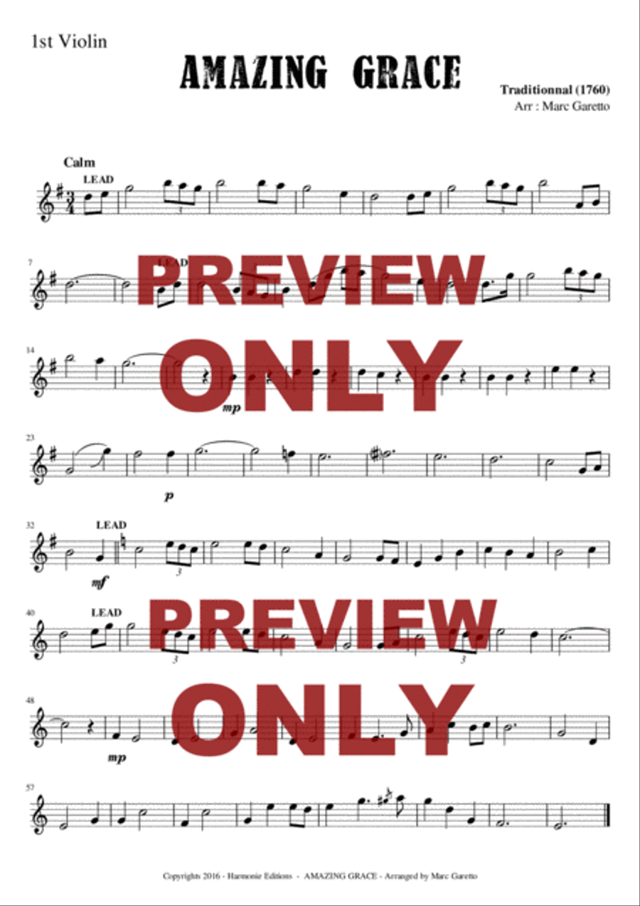 AMAZING GRACE - Traditionnal - for String Quartet or Beginner String Orchestra - Arranged by Marc Ga String Quartet scores gallery preview page 5