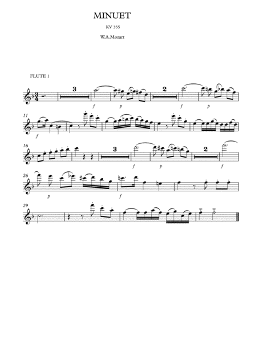 MINUET kv 355 for 4 flutes - MOZART Flute Quartet scores gallery preview page 4