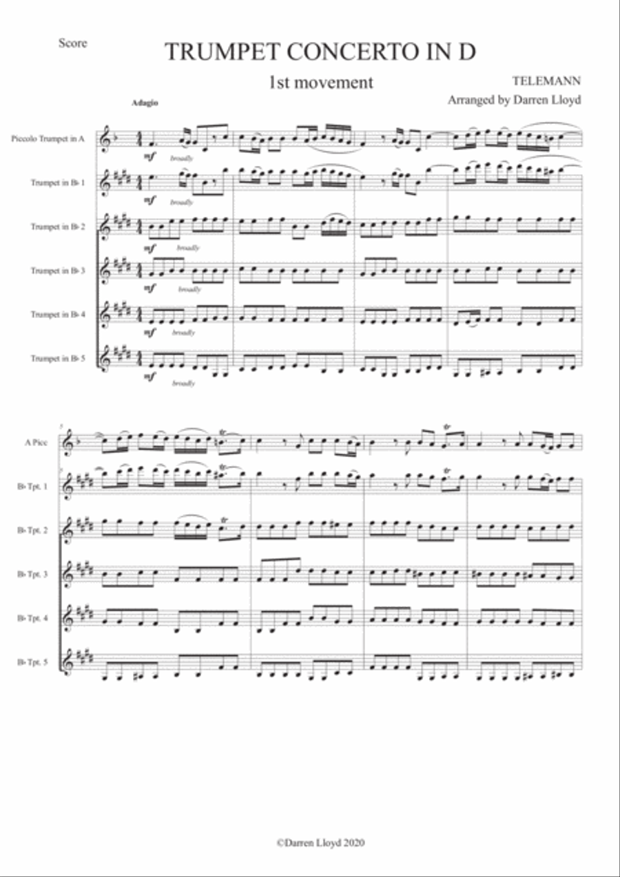 Telemann Trumpet concerto in D (1st movement) - Trumpet quintet Brass Ensemble scores gallery preview page 2
