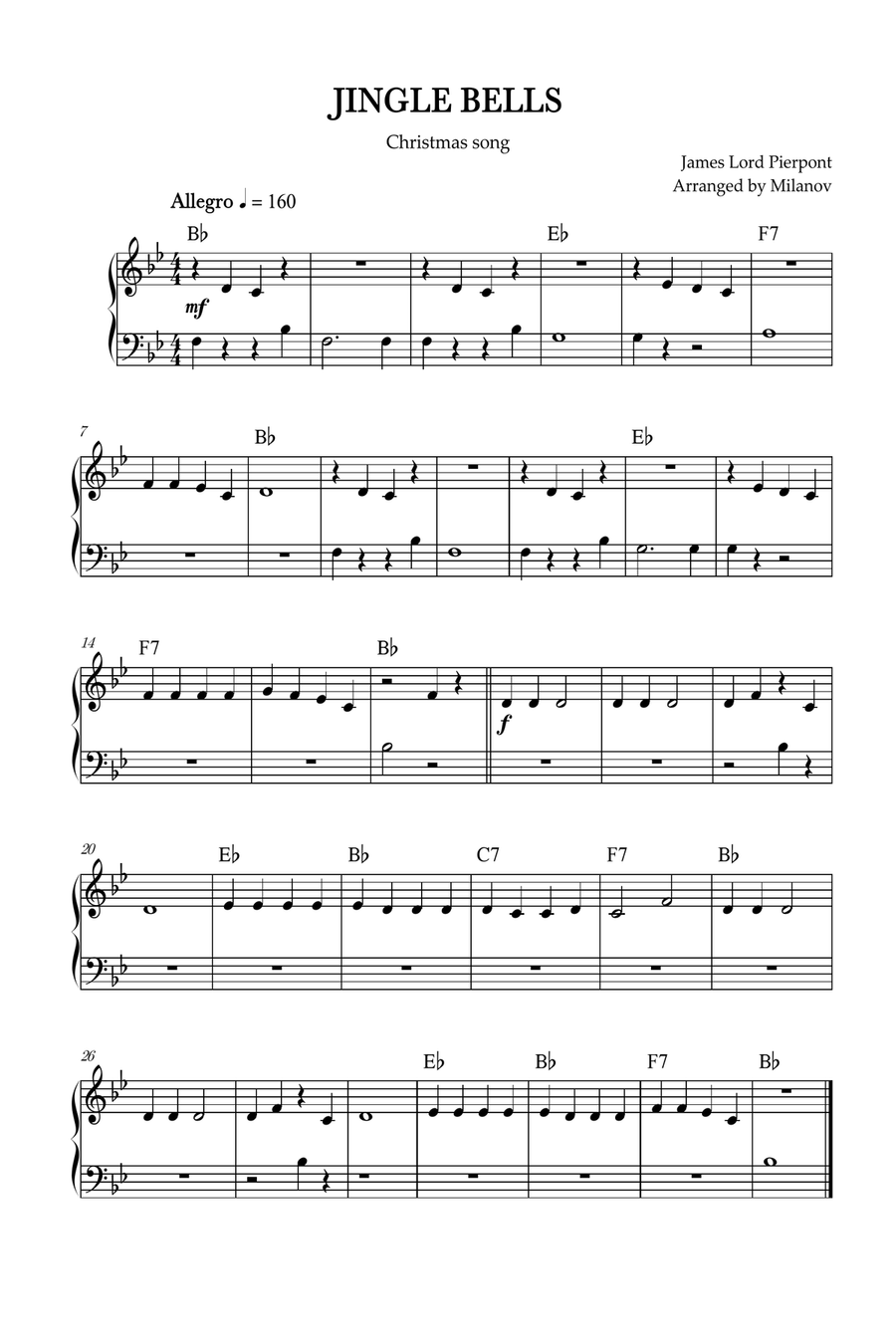 Jingle Bells | Pierpont | Christmas song | piano | easy | chords | Bb Major Easy Piano scores gallery preview page 1