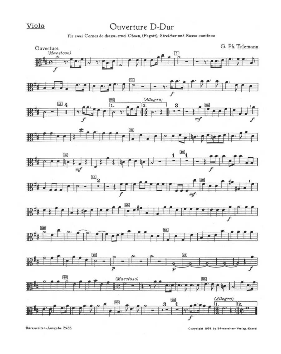 Ouverture fur zwei Cornes de chasse, zwei Oboen (Fagotte), Streicher und Basso continuo D major TWV 55:D21 Bassoon scores gallery preview page 1