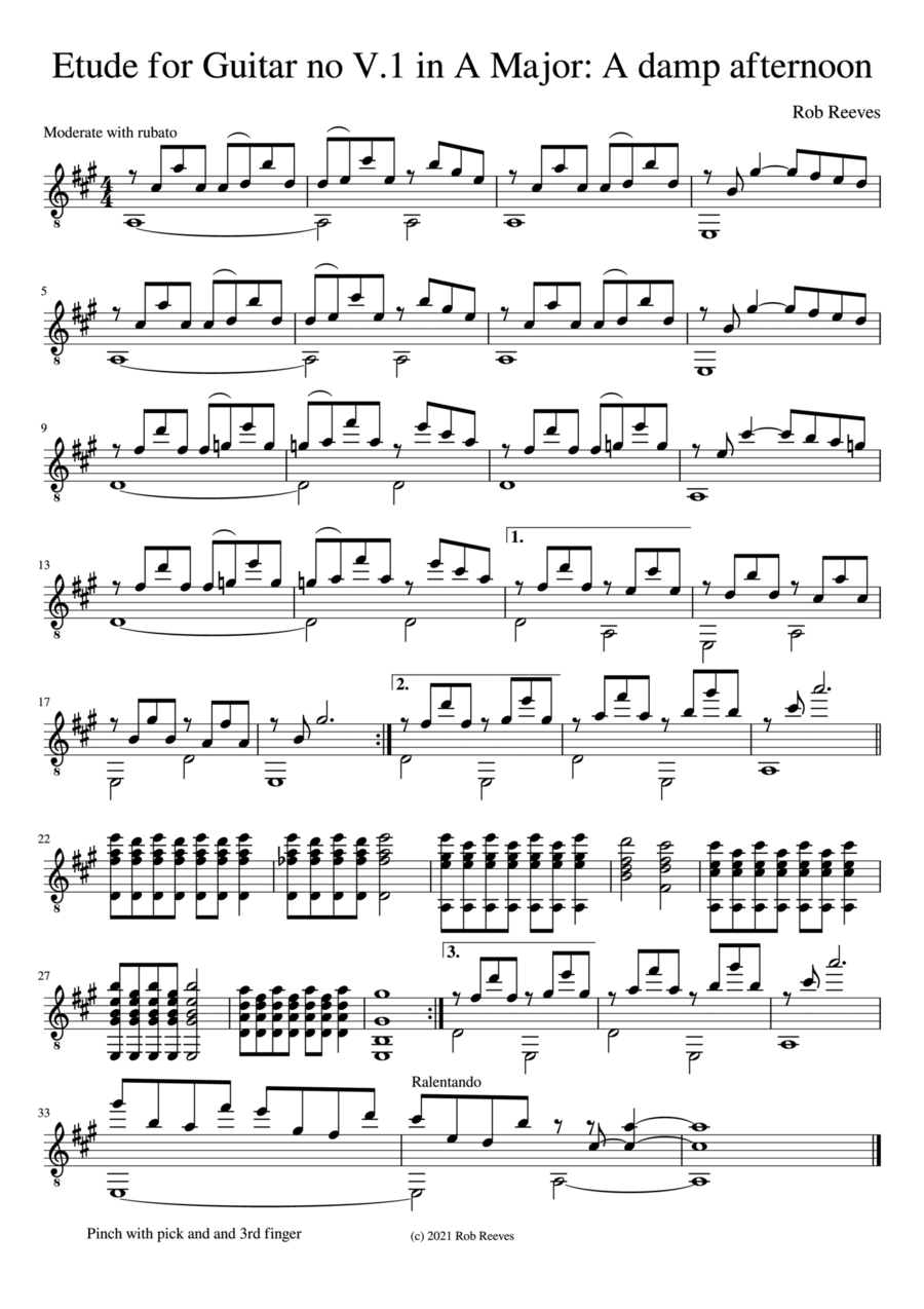 Etude for Guitar no V.1 in A Major: A damp afternoon Classical Guitar scores gallery preview page 1