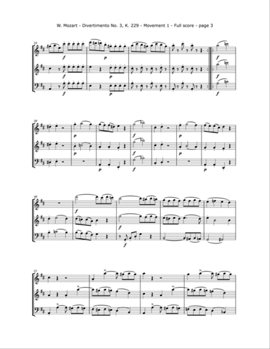Mozart, W.A. - Divertimento No. 3, KV. 229 for 2 Violins and Cello String Trio scores gallery preview page 4