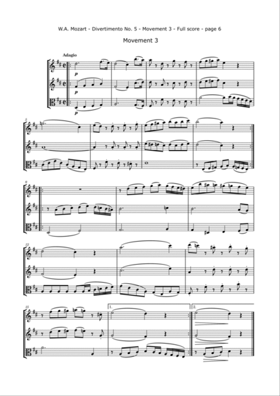 Mozart, W.A. - Divertimento No. 5, KV. 229 for 2 Violins and Viola String Trio scores gallery preview page 6